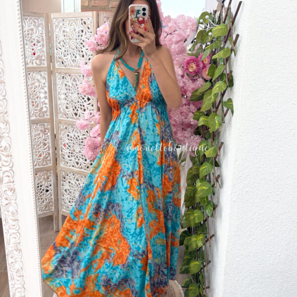 Vestido indio espalda tonos naranjas